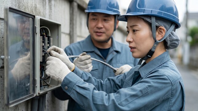 屋外の電気設備点検を学ぶ日本人女性の電気工事士と指導する男性。若手育成のOJT研修イメージ