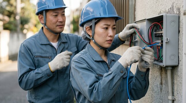 分電盤の配線作業を実習する日本人女性の電気工事士。ベテラン技術者による若手育成とOJT風景