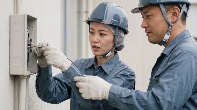 電気設備の端子接続を確認する日本人女性の電気工事士。指導員が同行する若手育成のOJTイメージ
