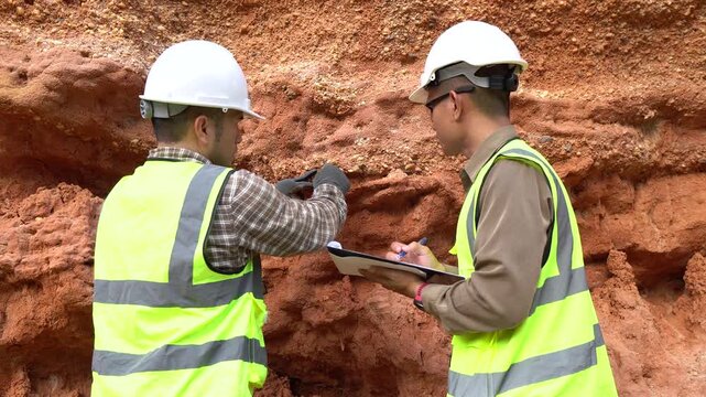 Two geologists analyzing soil and rock formations at a mining excavation site. They are conducting geological surveys and evaluating mineral resources for industrial project planning.