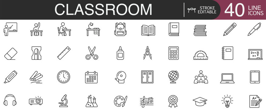 Classroom education line icons teacher, student, school supplies and learning tools for educational apps and websites