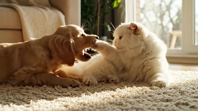 Playful golden retriever puppy gently nibbles the paw of a fluffy white Persian cat as they frolic together on a sunlit, textured rug creating a heartwarming scene of canine and feline