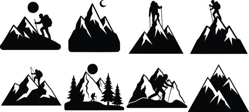 Climber silhouettes on mountain peaks with backpacks and walking sticks at sun and moon.