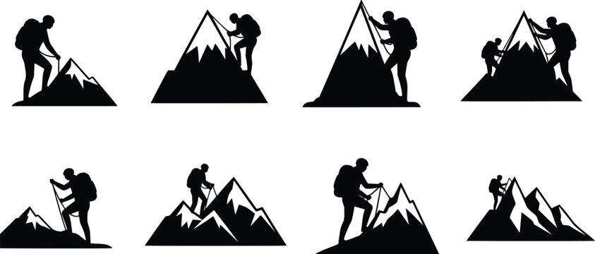 Mountain climber silhouette vector set featuring hikers ascending peaks line art illustration.