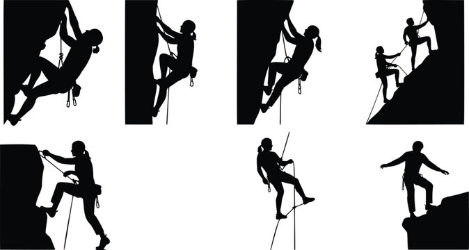 Mountain climber silhouette vector set collection active sport person hobby outdoor action.