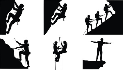 Rock climbing vector silhouette illustration set with adventurers on steep mountain. © Silhouette