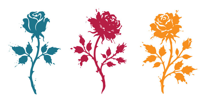 Teal, maroon, orange grunge roses with splatter effects and detailed stems vector illustrations.