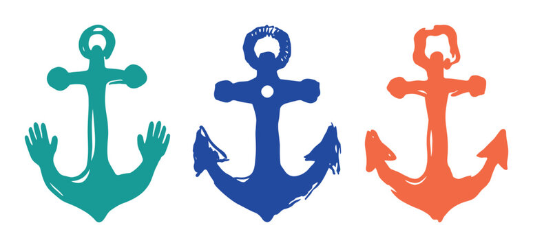 Three hand drawn anchors in teal blue and orange. One anchor has hands for flukes.