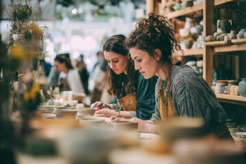 Fototapeta premium Women Focused on Craftwork at a Bustling Artisan Fair, Creating Pottery with Dedication and