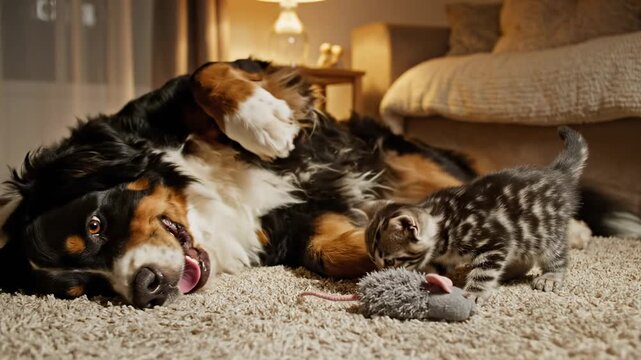 Adorable Bernese Mountain Dog playfully interacts with a small striped kitten on a cozy, textured carpet, illuminated by soft, warm indoor lighting, showcasing a heartwarming scene