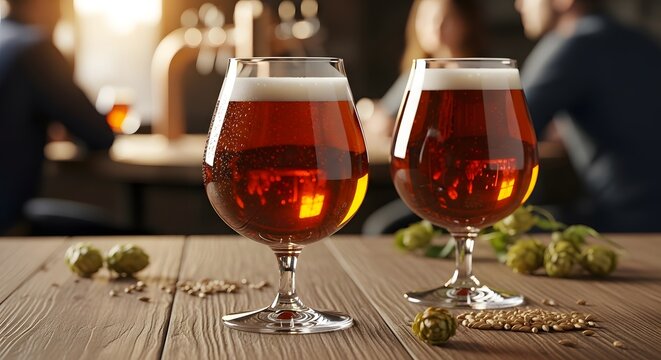 Two glasses of fresh amber craft beer with hops and barley on a rustic wooden table in a blurred bar.
