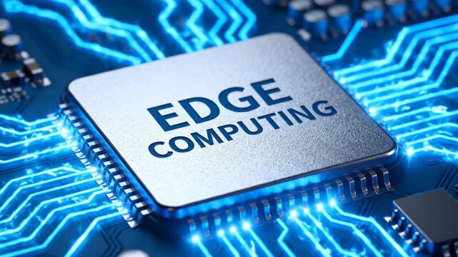 Macro shot of a microchip with Edge Computing text and glowing blue data flow on a motherboard.