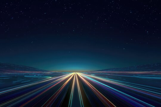 A vibrant, abstract digital artwork shows streaks of light resembling a highway vanishing toward a bright horizon. A starry night sky