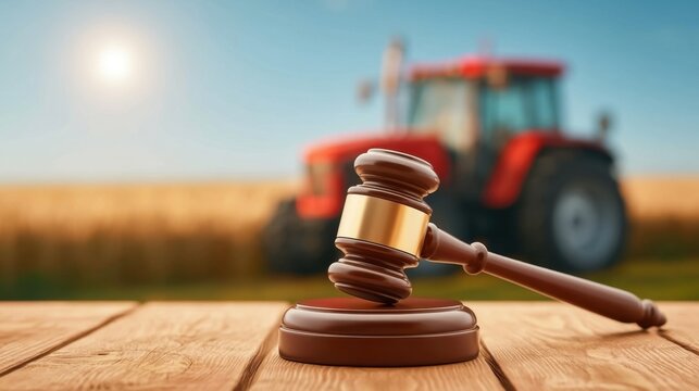 Wooden auction hammer on table with blurred farming vehicle in background under clear blue sky with sunlight in rural field setting