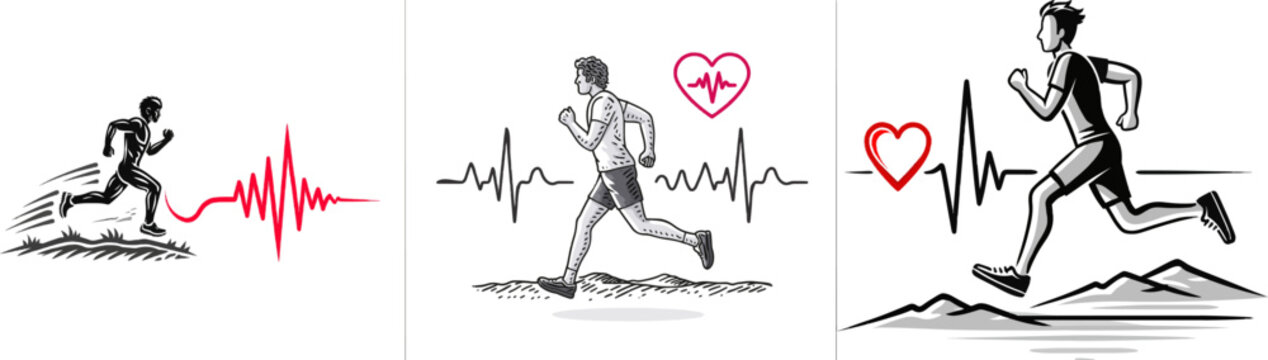 A dynamic runner in black and red vector art, with a curving heart rate line trailing behind, isolated on white