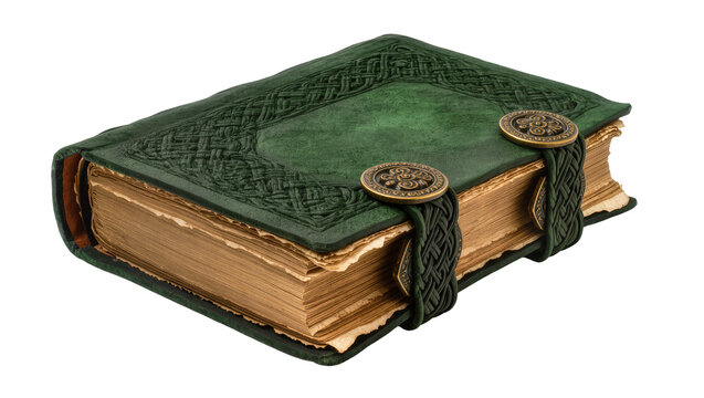 Antique green leather-bound book with ornate Celtic knot design, isolated on transparent background