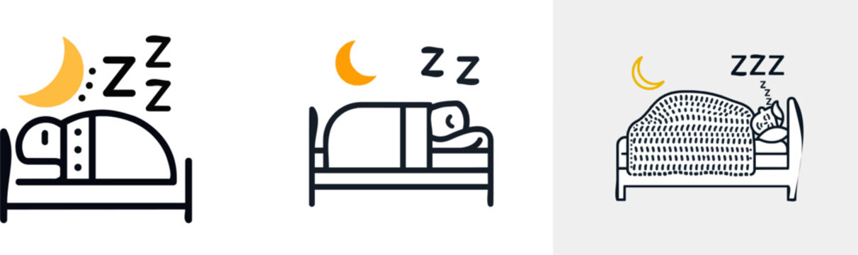 A serene illustration of a sleeping person curled under a blanket with moon and Z symbols, set against a deep navy background with warm gold crescent shapes, exudes tranquility and restfulness in a