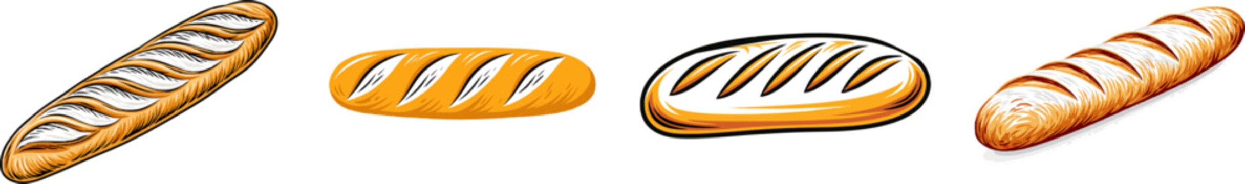 A minimalist French Baguette Loaf design in flat 2D vector art with ochre yellow, warm brown, and white colors, isolated on a white background
