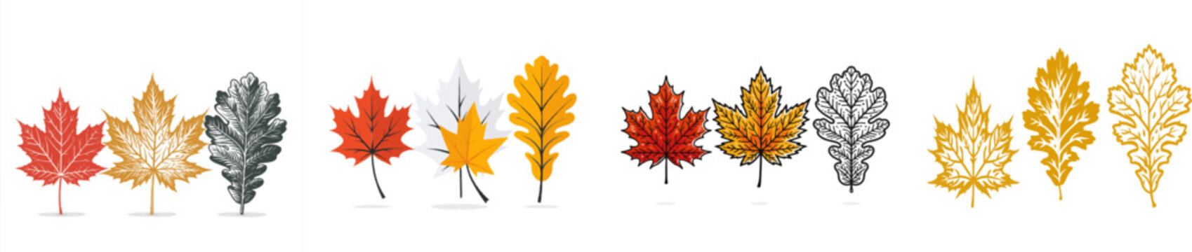 Three autumn leaves in vibrant terracotta, golden yellow, and black vector art form a minimalist composition on white