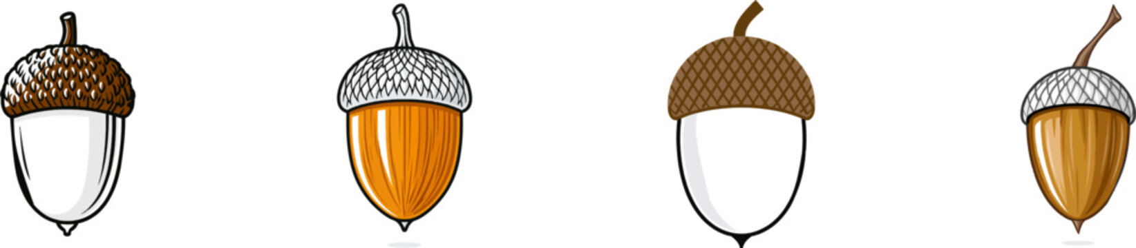 A smooth oval acorn with a textured cap is depicted in a minimalist vector art style, rendered in earthy brown, ochre, and white colors on a vertical center focus composition