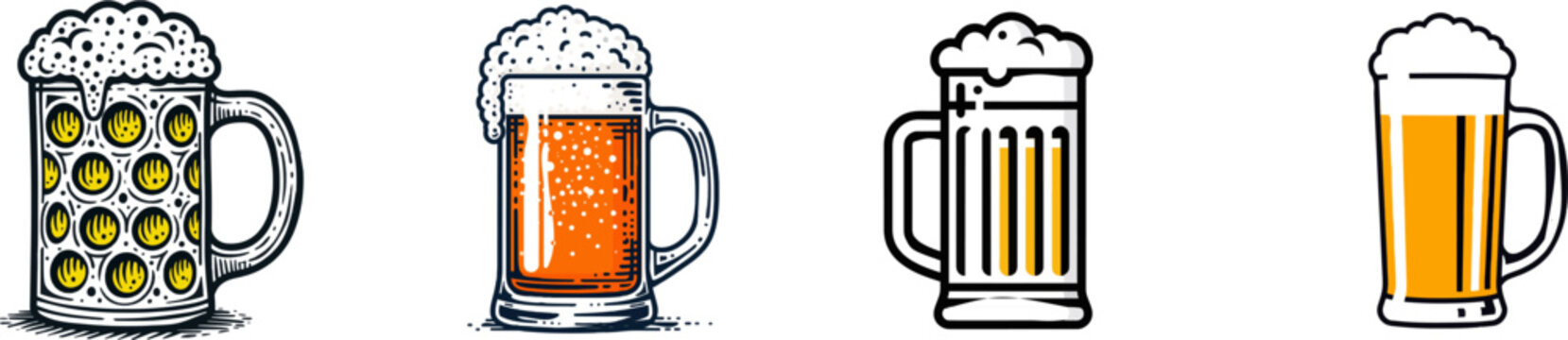 A tall ceramic mug with a handle and a thick mountain of foam is depicted in a minimalist geometric style, showcasing amber yellow flames on cream white background against a navy blue base