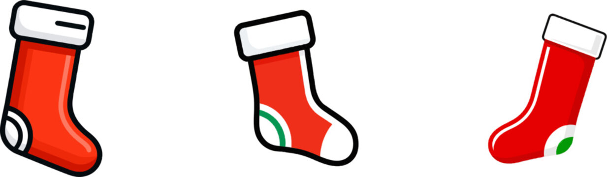A minimalist Christmas stocking in flat 2D design features a vibrant ruby red color with white cuff and emerald green heel patch, rendered as vector art on an isolated white background