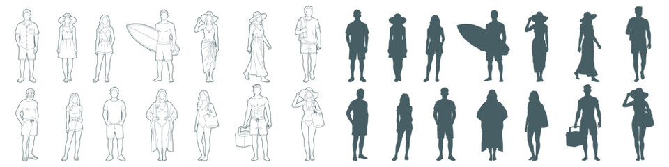 Fototapeta premium Architecture CAD elevation elements of men and women in summer beachwear in line art drawings and silhouettes holding surfboards, standing in various poses