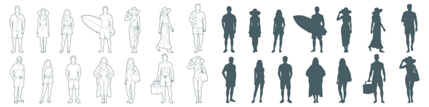 Architecture CAD elevation elements of men and women in summer beachwear in line art drawings and silhouettes holding surfboards, standing in various poses