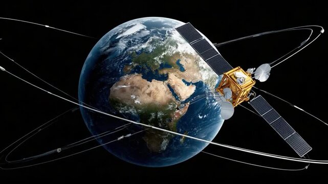 Satellite over the Earth: A high-tech satellite orbits the blue planet, capturing the beauty of Earth and its surrounding outer space. 