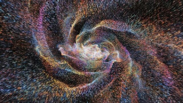 Bright Star Exploding Into Swirling Colorful Particle Spiral Galaxy in Dark Space