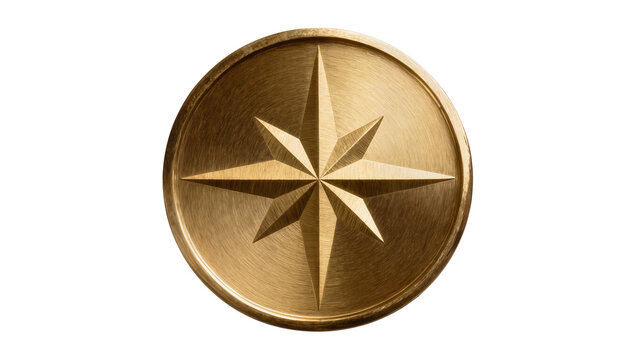 Polished brass compass rose with eight points, isolated on transparent background