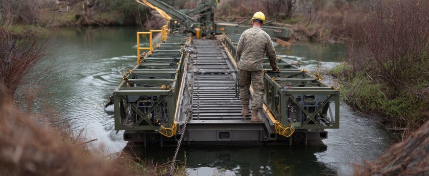 Military engineers piece together a modular tactical bridge like puzzle masters over water.