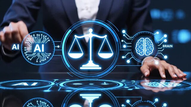 Professional interacting with advanced AI technology to balance justice and intelligence for legal automation, ethical decision-making, and improved process efficiency and compliance in smart systems.
