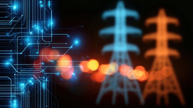 Abstract digital circuit board with glowing blue lines over blurred illuminated electricity transmission towers at night with orange and blue lights