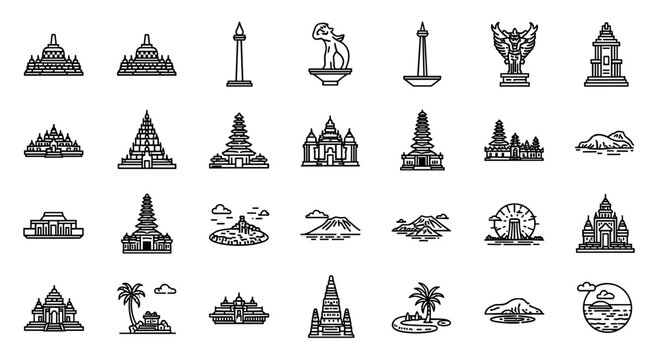 Collection of Indonesian Landmarks and Monuments Line Art Icons Set Borobudur Temple Monas National Monument Garuda Pancasila