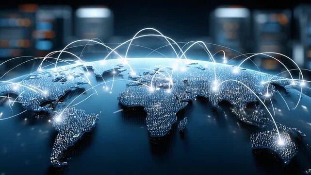 Global Network: A visualization of a connected world, with glowing lines crisscrossing a digital map, highlighting the interconnectedness of global communication and data flow.