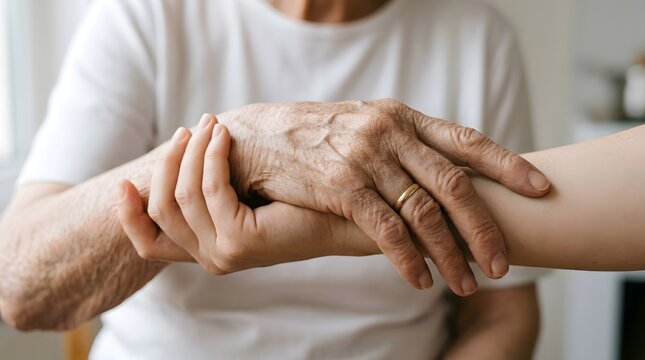 Generational connection close up of young and senior hands clasped together demonstrating care and support