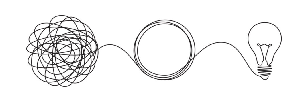 Simplify solution of tangled clew and line to lightbulb idea. Complex or complicated solution simplifying process of vector scribble doodle scrawl and problem simplicity untangle path