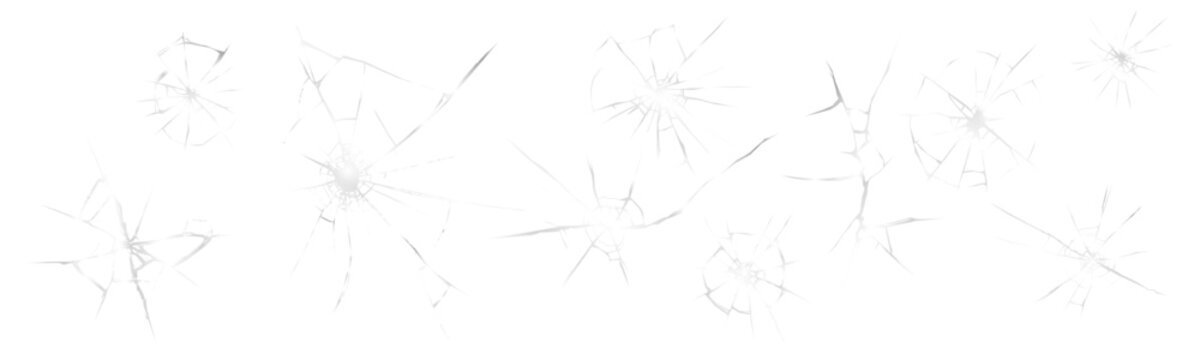 Broken glass cracks or window shatter break and shattered mirror texture with bullet holes. Vector realistic effect of transparent broken glass with cracks