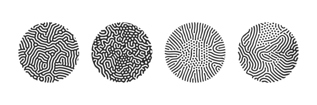 Round circle patterns with abstract organic groovy psychedelic flow background. Vector organic pattern circles with organic dot pattern halftone gradient