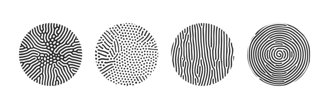Dot pattern gradient circles with halftone dots or dotwork texture effect. Abstract vector organic pattern circles with black dots and wavy flow lines