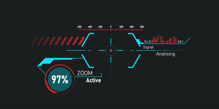 Futuristic cyberpunk HUD interface with aiming system, digital scanner display, neon targeting elements and sci fi user interface design. High tech virtual dashboard with circular HUD components, data