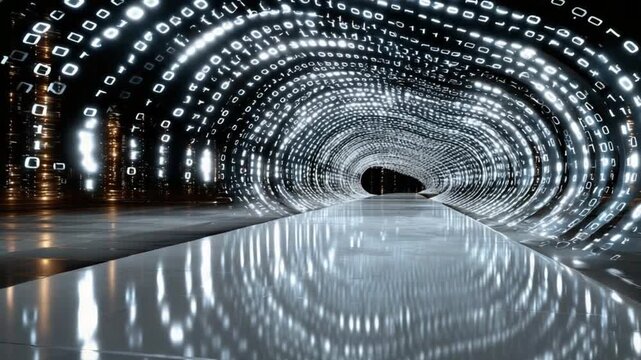Digital Tunnel: a futuristic tunnel composed of lights reflecting on the floor, showcasing a path of innovation and technological advancement.