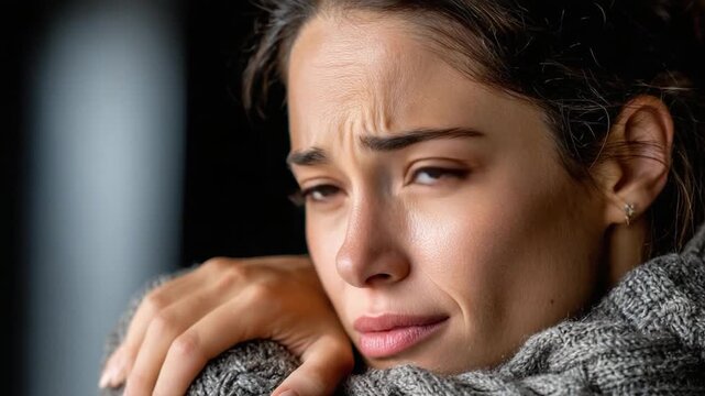 Tears of Sorrow: A portrait capturing a moment of profound sadness, the subject's face etched with the weight of emotion, a visible tear reflecting her internal struggle.