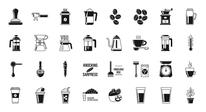 Collection of Coffee Making Utensils and Accessories Icons, Featuring Espresso Machine, Grinder, Cups, and Beans