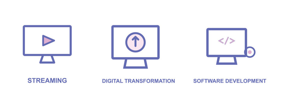 Digital transformation icons depicting streaming and software development process.
