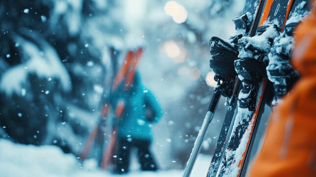 Skis in snowy winter landscape