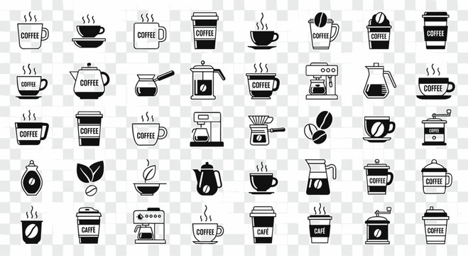 Collection of Black Coffee Icons Featuring Cups Pots Machines Beans and Accessories on Transparent Background