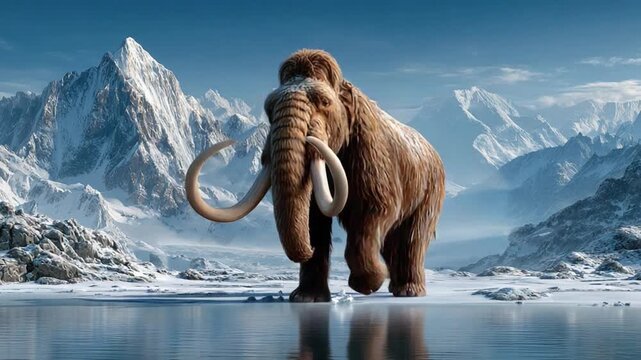 Mammoth in the Glacier: An awe-inspiring image of a majestic mammoth traversing the frozen landscape, its massive form contrasting with the rugged, snowy peaks in the background.