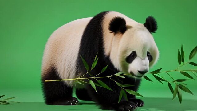 Giant panda eating bamboo leaves on green background